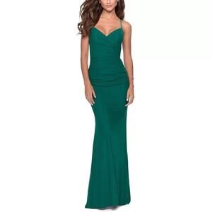 La Femme NWT 28541 V-Neck Lace-Up Back Ruched Net Jersey Emerald Green Gown 4
